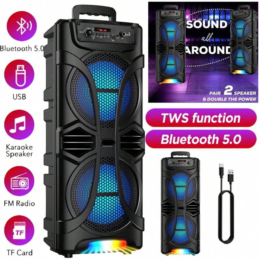 Dazone Portable Bluetooth Speaker Dual 8-In Subwoofer Wireless Speaker, USB Rechargeable Heavy Bass Sound LED Party PA System AUX FM Remote Control LED Light Handle (No Microphone) - Black Dual-8" Woofer - 查看 1