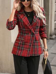 Chaqueta elegante de tweed rojo y verde navideño con cintura ceñida y botones dorados para uso diario, de doble botonadura a cuadros para mujer