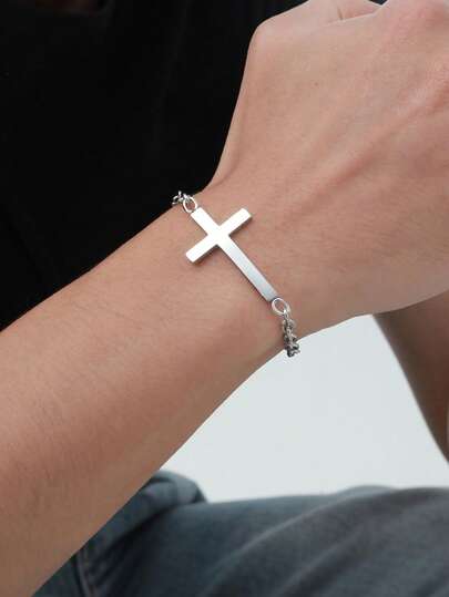 1 pieza Pulsera minimalista de acero inoxidable con cruz para hombres, accesorio decorativo de uso diario