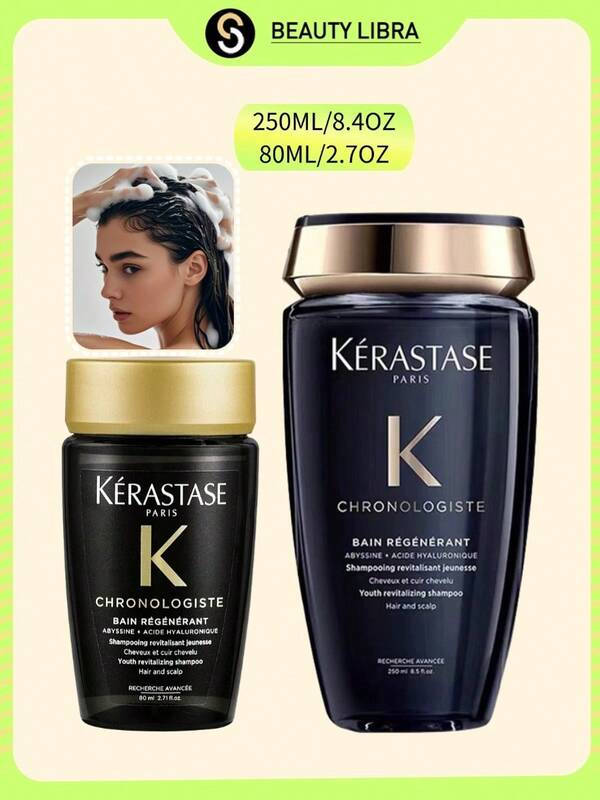 Kérastase Set șampon Chronologiste pentru păr tern și fragil, șampon anti-îmbătrânire, șampon hidratant, șampon pentru îmbunătățirea sănătății scalpului, șampon pentru îmbunătățirea strălucirii părului, șampon pentru reducerea ruperii părului, ofertă specială set șampon, set format călătorie, 250ml x 1 / 8.4OZ + format călătorie 80ml/2.7oz x 1