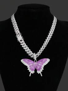 Classic Fashion Butterfly Rhinestone Pendant Necklace On Cuban Chain, Suitable For Women's Party, Music Festival Wear, And As Holiday Gift For Friends
