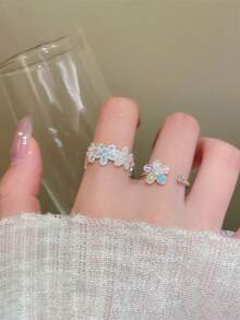 2件套多巴胺彩色花朵戒指套装，小巧百搭，适合女性日常佩戴 - 彩色 - 查看 2