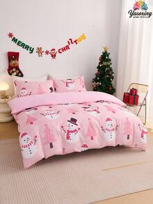 2/3pcs Pink Christmas Snowflake Gift Gingerbread Man Snowman Pattern Reversible Color Duvet Cover Bedding Set, Soft Breatheable Wrinkle-Free Better For Sleep, Luxury Hotel Style, Gift For Mom Dad Friend, Quilt Comforter Duvet Cover*1 Pillowcase*1/2 King Queen Full Twin Size.Gender Neutral Christmas Atmosphere