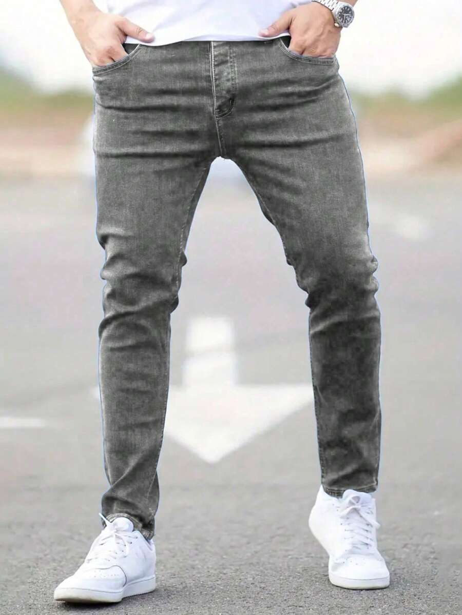 1 件男士修身弹力蓝色牛仔裤 - 灰色 - 查看 1