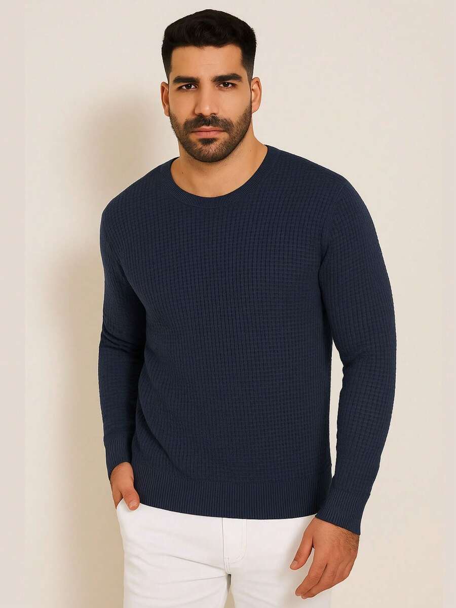 Men's Knitted Sweater, Round Neck, Long Sleeve, Basic Casual Knit Top - 藏蓝色 - 查看 1