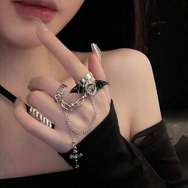 1pc Y2K Black Edgy Demon Wing Cross Ring, Niche Design Baddie Punk Goth Style New Full Finger Ring