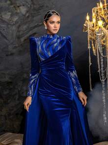 Faeriesty 优雅不对称肩部设计长袖鱼尾裙摆派对礼服，适合女士出席正式活动、晚宴、婚礼、颁奖典礼和红毯仪式。 - 寶藍色 - 查看 7