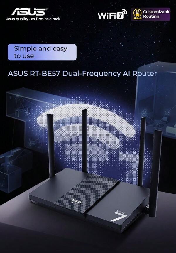 ASUS راوتر ألعاب ASUS RT-BE57 WiFi7، راوتر لاسلكي منزلي بسرعة جيجابت، WiFi7 لتغطية المنزل بالكامل، منفذ 2.5G، شبكة AiMesh مرنة