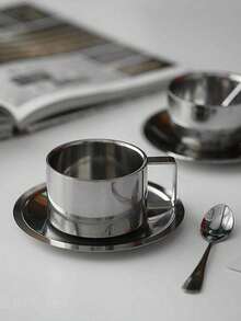 1set/2set咖啡杯碟套装复古不锈钢咖啡杯精致摆拍Vlog下午茶杯 - 銀色 - 查看 9