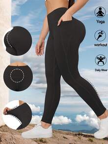 Women's Solid Color Yoga Leggings With Pockets, Butt Lifting & Tummy Control, Stretchy Workout Pants For Outdoor Fitness
