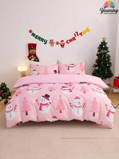 2/3pcs Pink Christmas Snowflake Gift Gingerbread Man Snowman Pattern Reversible Color Duvet Cover Bedding Set, Soft Breatheable Wrinkle-Free Better For Sleep, Luxury Hotel Style, Gift For Mom Dad Friend, Quilt Comforter Duvet Cover*1 Pillowcase*1/2 King Queen Full Twin Size.Gender Neutral Christmas Atmosphere