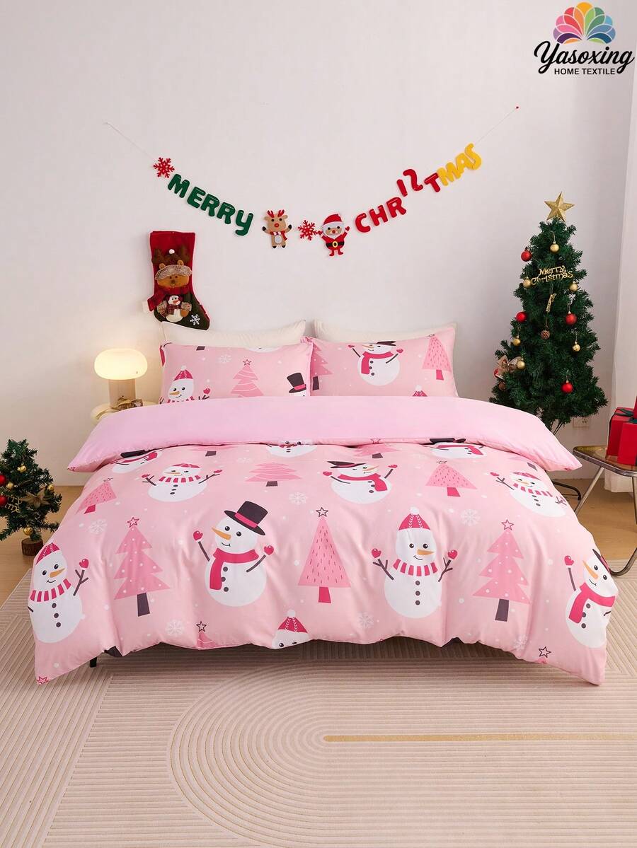 2/3pcs Pink Christmas Snowflake Gift Gingerbread Man Snowman Pattern Reversible Color Duvet Cover Bedding Set, Soft Breatheable Wrinkle-Free Better For Sleep, Luxury Hotel Style, Gift For Mom Dad Friend, Quilt Comforter Duvet Cover*1 Pillowcase*1/2 King Queen Full Twin Size.Gender Neutral Christmas Atmosphere