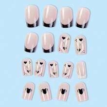 Short Press On Nails Square Fake Nails French Tip False Nails Cute Acrylic Nails With Design Black Heart Glue On Nails Glitter Glossy Full Cover Stick On Nails For Women Manicure 24Pcs - 黑色法國 - 查看 3