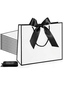 20个迷你横款牛皮纸礼品袋，带蝴蝶结丝带手柄，横款纸质礼品袋，适用于婚礼伴娘回礼，男女通用，适用于生日、婚礼、伴娘派对回礼、购物零售（黑白两色） - 白色 - 查看 6