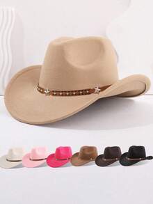 1Pc Back To School Western Cowboy Hat, Unisex, Felt Soft Woolen Hat, Belt Buckle Cowboy Hat, Suitable For Halloween, Holiday Parties, Daily Leisure, Etc