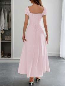 PoPoHouse 女士优雅连衣裙，纯色波西米亚度假风，低领露肩设计，后背系带细节，打造休闲宽松的沙滩裙造型，适合春夏及各种场合。 - 淺粉色 - 查看 2