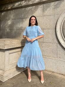 RIVERA. ELEGANT PLAIN MIDI DRESS WOMEN'S DRESS - Baby Blue - View 3