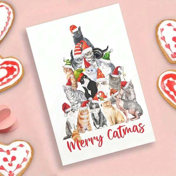1 Peça, Cartão de Natal Divertido para Gatos - Saudação Festiva "Feliz Catmas" com Design de Artesanato em Papel, Perfeito para Amantes de Gatos e Família (Inclui Envelope, Decoração de Feriado Excêntrica) - Ideal para Qualquer Pessoa (Com Envelope + Cartão de Felicitações)" (11cm X 16cm) Cartão de Presente de Natal" Um Presente Adequado para Todos Um Cartão Adequado para Dar a Colegas