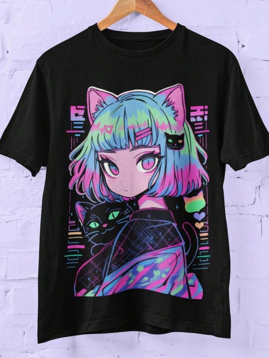 Anime Catgirl Retro Japanese Streetwear Shirt, Glitchcore Kawaii Dark Pastel Goth Punk Fashion Manga Style Shirt, Unisex Cotton Top - màu đen - Xem 1