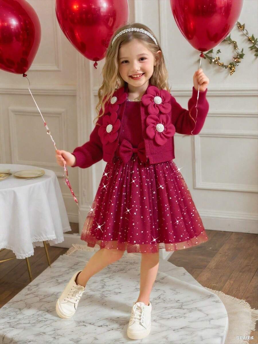 2pcs/Set Young Girl Fashion Waffle Textured Floral Jacket Top & Solid Ribbed Bowknot Splice Mesh Lining Dress Suit, Casual Wear, Outdoor, Sports, Spring/Autumn - 紅色 - 查看 1