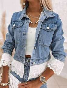 Women's Casual Loose Denim Jacket, Paired With Lace Patchwork Decoration, Sweet And Cute, Suitable For All Seasons, Suitable For Daily Outings, Vacations, Dates, Parties, Country Concerts - 淺色水洗藍 - 查看 5