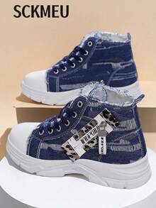 SCKMEU 1 par de zapatillas casuales con suela gruesa de denim para mujer, nuevas versátiles y cómodas zapatillas deportivas de caña alta para otoño 2025, adecuadas para faldas, senderismo, deportes, uso casual, zapatos planos de moda