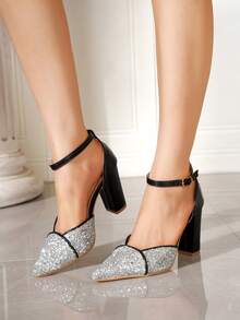 Mode 2025 Neue spitze Zehenriemen Schnalle Europäischer & Amerikanischer Stil Dicker Absatz Glitzermaterial Vielseitige High Heel Pumps, Herbst - Schwarz - Übersicht 3