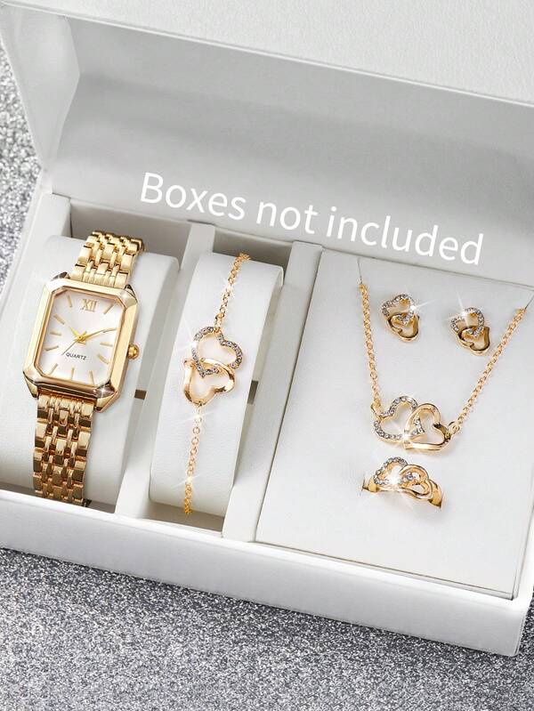 Conjunto de 6 relógios de presente femininos com pulseira de aço, mostrador quadrado e numeral romano, relógio de pulso de quartzo + conjunto de joias de coração (caixa de relógio não incluída)