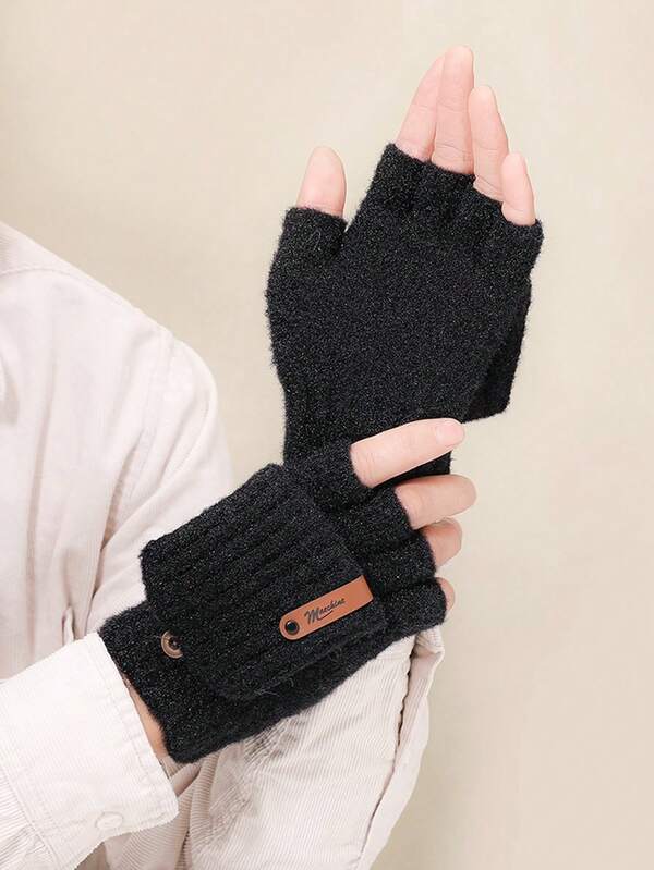 1 Paar halbe Finger, einfarbig, flauschig, winterlich, gestrickt, gestreift, umklappbare Handschuhe für Damen und Herren. Herbst