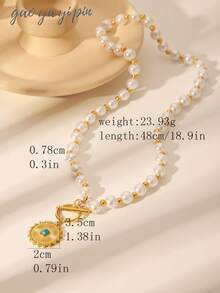 New Elegant Faux Pearl Beaded Turquoise Decor 18K Gold Stainless Steel Women Necklace, Lobster Clasp, Suitable For Valentine's Day, Mother's Day, Gift