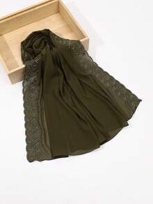 1 pieza Bufanda de mujer de unicolor con bordado de hojas de encaje y perlas falsas de gasa, elegante chal de moda malasia e indonesia para vestido - multicolor - Ver 23