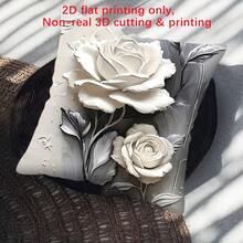 2D Printed, Non-Embroidered Elegant White Rose Throw Pillow Cover - Gray & White Abstract Floral Design, Zippered, Machine Washable Polyester, 17.7x17.7 Inches - For Living Room, Bedroom, Car Seat Decor (Pillow Insert Not Included), Decorative Cushion Cover - Black and White - View 3