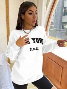 2026Flirla Women's Letter Printed Round Neck Sweatshirt,Long Sleeve Tops Graduation,Back To School Outfits,Graduation,Teacher Outfits For Women,Back To School Pullover Fall Outfit - White - View 9