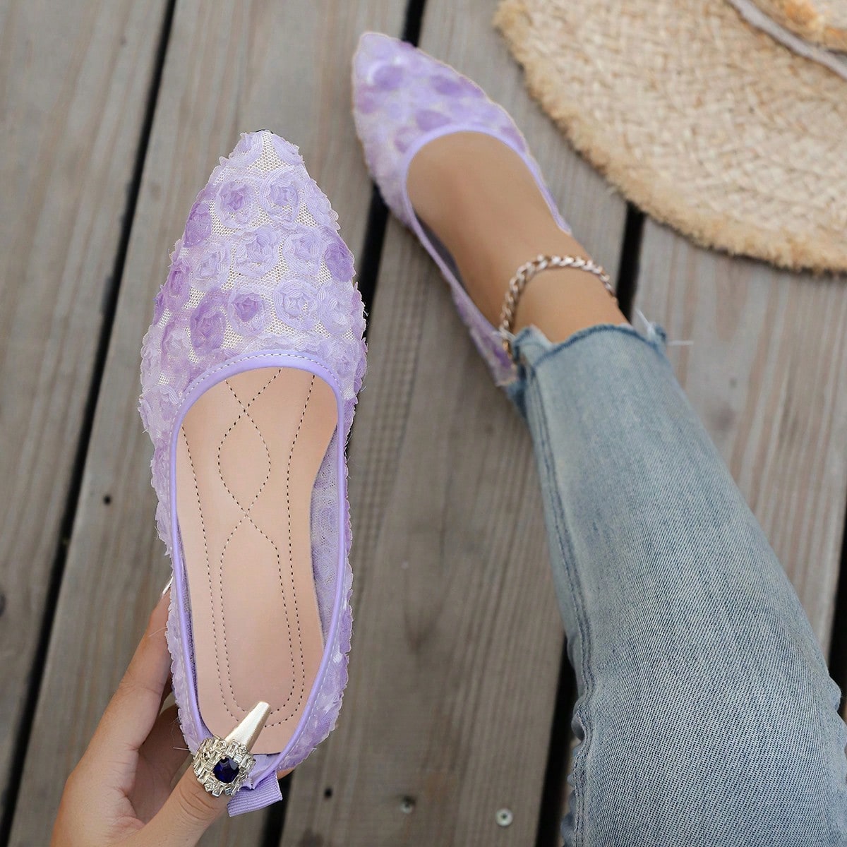 Nuevos zapatos de mujer con punta puntiaguda, zapatos planos de moda con patchwork de encaje y rosa, transpirables, con diseño calado, para exteriore