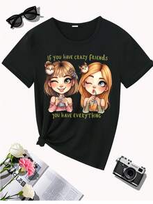 Camiseta Casual De Mujer Con Diseño Gráfico - Frase Amigable Y Adorable Para Amantes De Los Gatos, Tejido Transpirable Y Elástico, Lavable A Máquina, Regalo Perfecto Para Mejores Amigas, Camisetas Cómodas Y Juguetonas - Oscuro - Ver 4