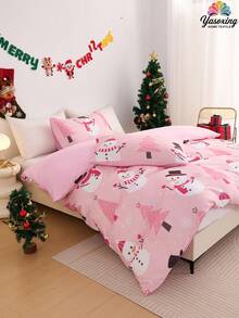 2/3pcs Pink Christmas Snowflake Gift Gingerbread Man Snowman Pattern Reversible Color Duvet Cover Bedding Set, Soft Breatheable Wrinkle-Free Better For Sleep, Luxury Hotel Style, Gift For Mom Dad Friend, Quilt Comforter Duvet Cover*1 Pillowcase*1/2 King Queen Full Twin Size.Gender Neutral Christmas Atmosphere