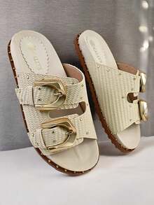 Women's Raffia Flat Sandals Buckles Metal Applications Comfortable Soft Promotion KALLYS 0222 - White - View 2