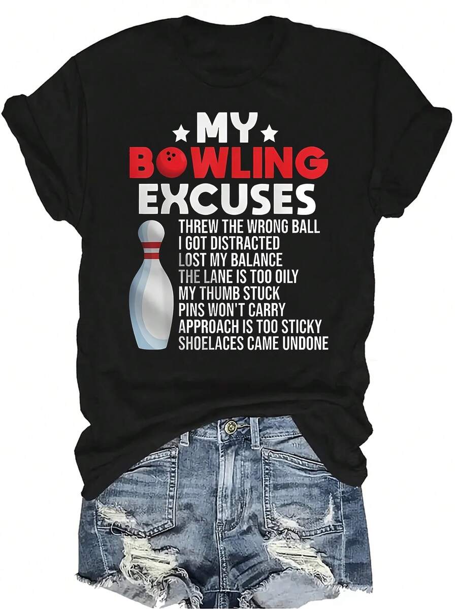 Camiseta de mujer con estampado divertido de bolos, unisex, de verano, casual, transpirable, de personalidad, de cuello redondo, de manga corta, ropa de calle, versátil, adecuada para adolescentes y adultos - Negro - Ver 1