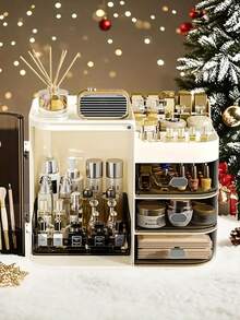 Makeup Storage Box And  Care Product Storage Box, A High-Capacity Cosmetic Storage Solution. Cosmetic Storage Cabinet With 3 Drawers And Mirrors, Cosmetic Display Case Bathroom Cosmetic Organizer, Table And Drawer Organizer For Home Storage - dark black - 查看 5