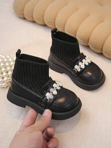 1 Pair Girls Pearl & Rhinestone Decor Knit Comfortable Flat Ankle Boots, Suitable For Daily & Outdoor Wear, Autumn/Winter - Black - View 5