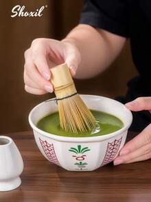 shoxil 1/6 件抹茶搅拌器套装、抹茶传统入门套装、抹茶茶具套装，包括抹茶碗（带倾倒嘴）、竹制抹茶搅拌器（茶筅）、勺子（茶勺）、搅拌器支架、抹茶筛、礼品盒 - Matcha Set - 查看 4