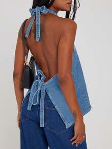 Womens Halter Denim Vest Tops Summer Open Back Y2K Going Out Tank Tops V Neck Button Down Jean Shirts - 淺藍色 - 查看 2