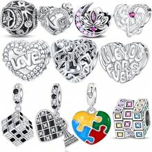 Silver Plated Charms Hollow Heart To Heart Purple Zirconia Lotus Mother And Daughter Embrace Stars Moon Cross Rubik Cube Colorful Zirconia Rubik Cube Hollow Heart Beads Cute And Colorful Heart-Shaped Puzzle Design Series Beads Charm Fit Original Bracelet Charm Beads Necklace Diy Female Jewelry