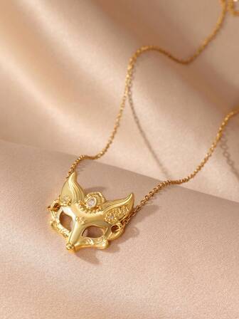 GEREIT 1pc 14K Gold Plated Copper Fox Mask Pendant Necklace, Fashionable & Versatile For Daily Wear