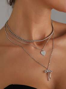 1pc Women's Butterfly & Crystal Heart Pendant Necklace, Multi-Layer Fashionable Sexy Charm Necklace