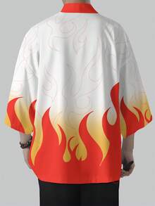 Men's Casual Flame Print 3/4 Sleeve Kimono Cardigan - Red - View 2