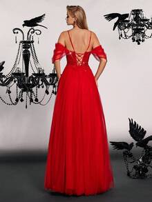 VIPGIRL Luxury Elegant Handmade Embroidered Evening Gown, Slimming Formal Dress - Red - View 2