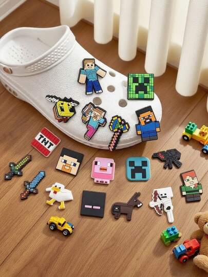 10pcs/20pcs/30pcs Minecraft Pixel Battle Game Theme Shoe Charms, Shoe Flowers, Shoe Buttons, Detachable Shoe Flowers, Shoe Decoration Buttons, Perfect For Birthday And Holiday Decorations, Ideal Halloween And Christmas Gifts For Friends, Family, And Colleagues