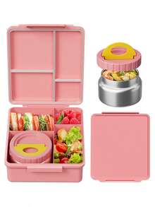 Bento Lunch Box With 9oz Soup Thermo, Leakproof Lunch Food Containers With 4 Compartment, Thermo Insulated Hot Food Jar For School, Office, Travel, And Picnics - 粉色 - 查看 1
