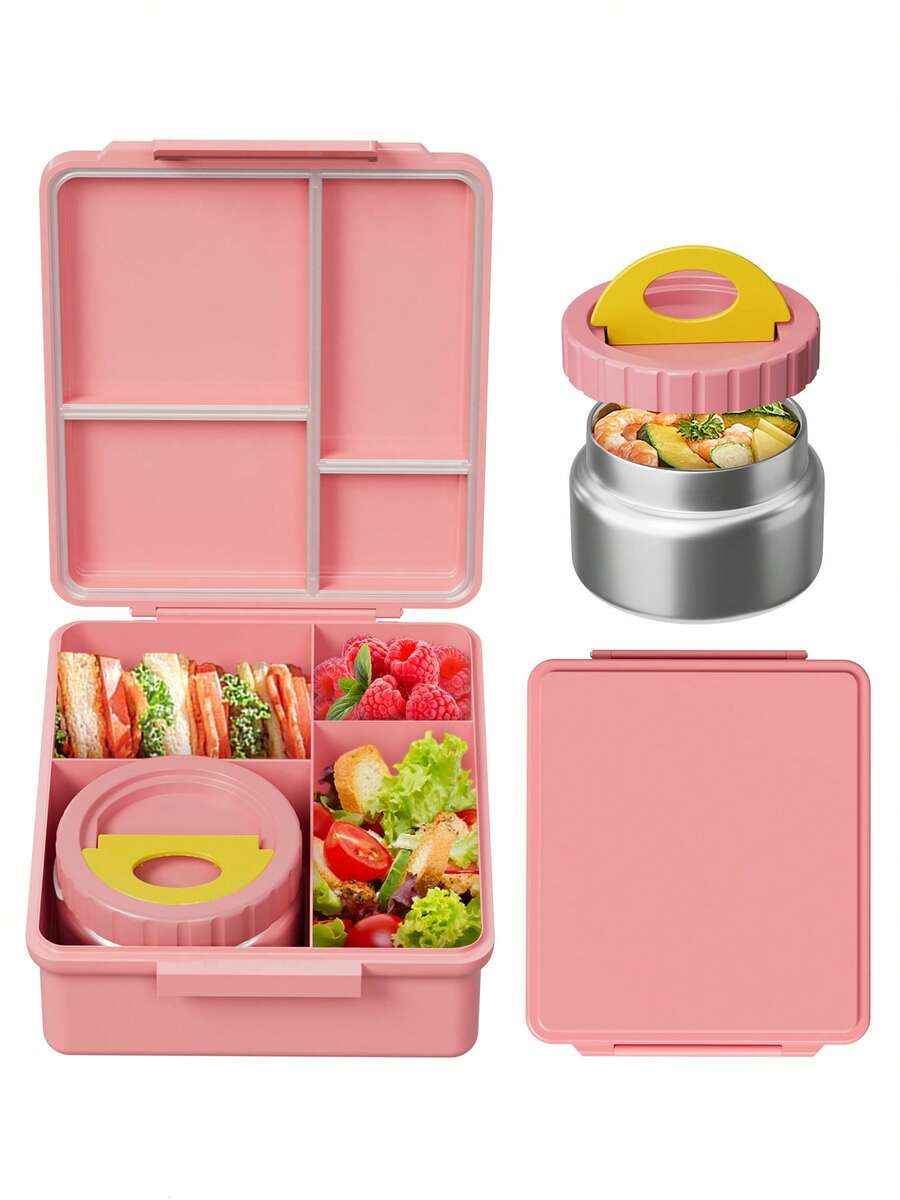 Bento Lunch Box With 9oz Soup Thermo, Leakproof Lunch Food Containers With 4 Compartment, Thermo Insulated Hot Food Jar For School, Office, Travel, And Picnics - 粉色 - 查看 1
